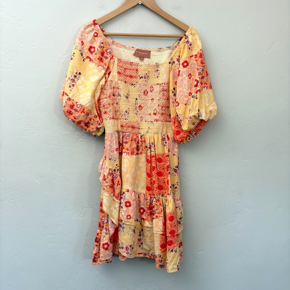 Jessakae Tweedle Dee Dress Women Size Medium Yellow Peach Floral Patchwork